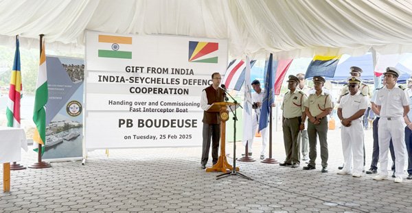 Handing Over Ceremony of PB Boudeuse – India Gifts New Patrol Boat to Seychelles Defence Forces, highlighting the strengthening of India-Seychelles defence cooperation.