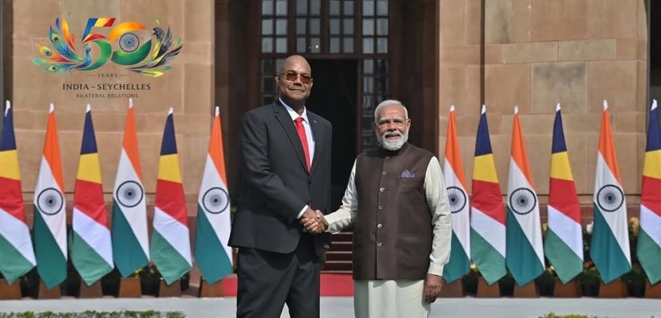 Prime Minister Narendra Modi with President of Seychelles Patrick Herminie prior to their meeting at the Hyderabad House, in New Delhi on Monday, February 9, 2026
