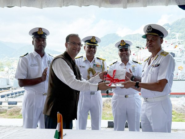 Handing over ceremony of PB Boudeuse – India gifts new patrol boat to Seychelles Defence Forces, highlighting the strengthening of India-Seychelles defence cooperation.