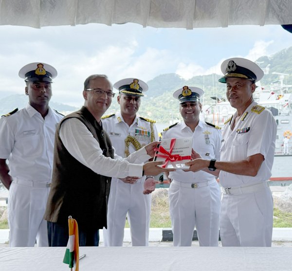 Handing over ceremony of PB Boudeuse – India gifts new patrol boat to Seychelles Defence Forces, highlighting the strengthening of India-Seychelles defence cooperation.